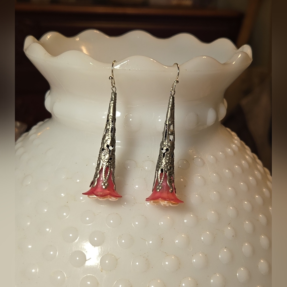 Handmade Vintage Style Silver and Pink Flower Earrings